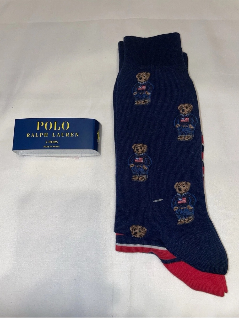 Polo by Ralph Lauren Navy Crew Socks with Bear Motif and Red Accents